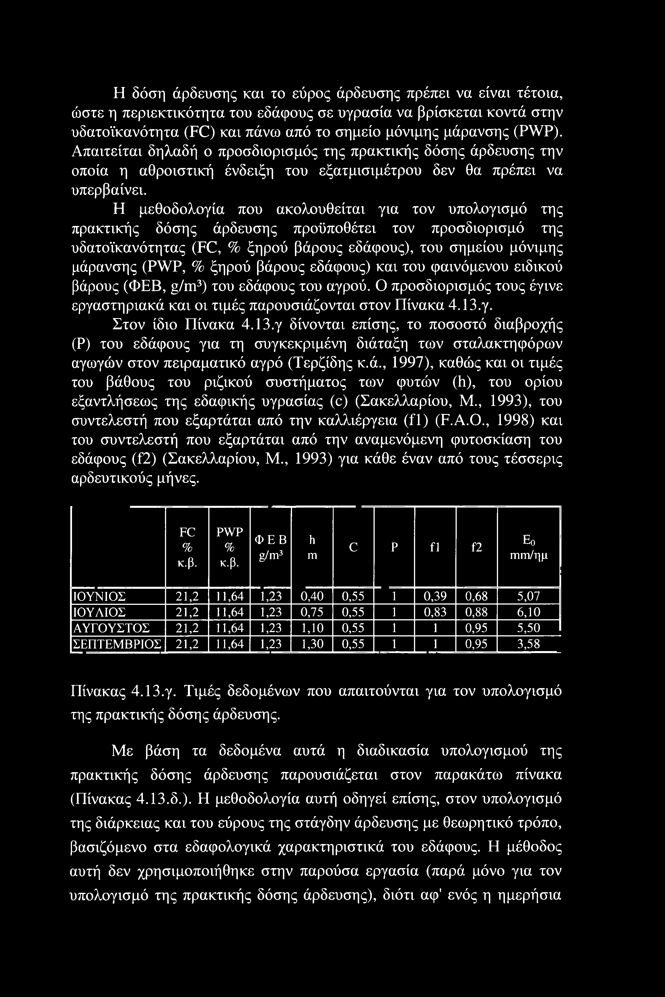 Η μεθοδολογία που ακολουθείται για τον υπολογισμό της πρακτικής δόσης άρδευσης προϋποθέτει τον προσδιορισμό της υδατοϊκανότητας (FC, % ξηρού βάρους εδάφους), του σημείου μόνιμης μάρανσης (PWP, %