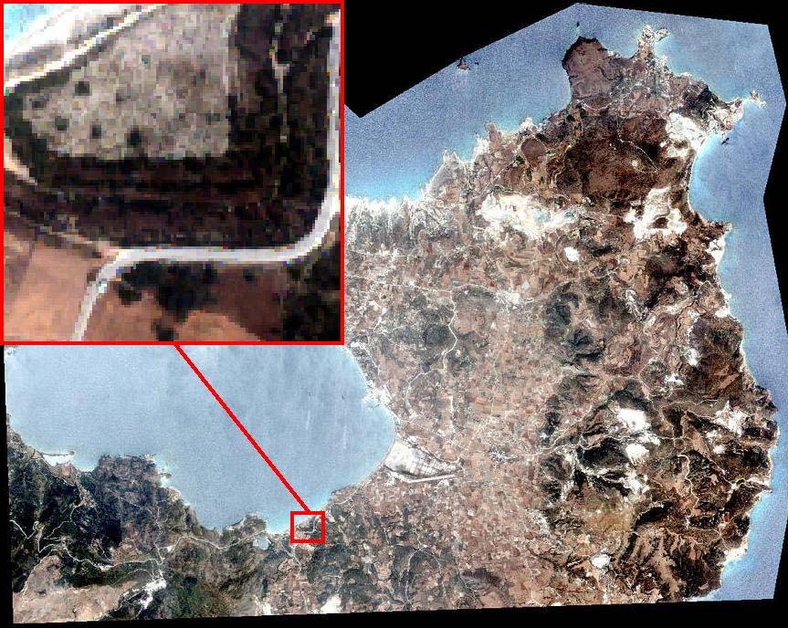 Εικόνα 37: Σύνθετη ψευδοχρωματική (RGB) δορυφορική εικόνα Quickbird. Εντός του κόκκινου πλαισίου διακρίνεται το αποκατεστημένο λατομείο περλίτη στην περιοχή της Αχιβαδολίμνης.