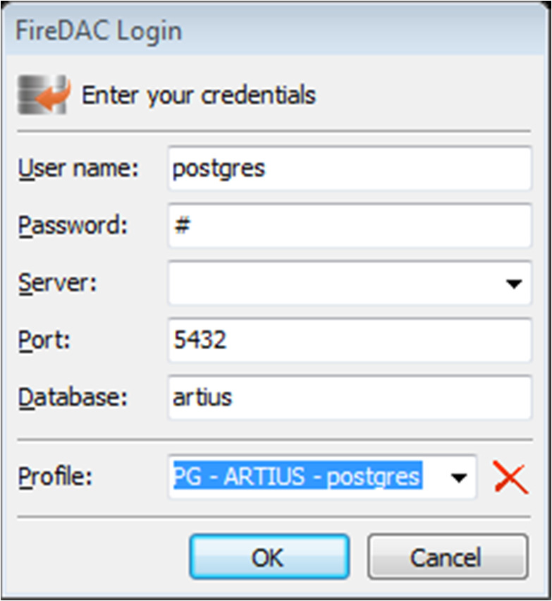 Επιλέξτε Driver ID: PG Database το όνομα της βάσης που δημιουργήσατε πχ: artius User_Name: Postgres Password το password που επιλέξατε κατά την εγκατάσταση πχ: 1 Server η IP διεύθυνση του PostgreSQL: