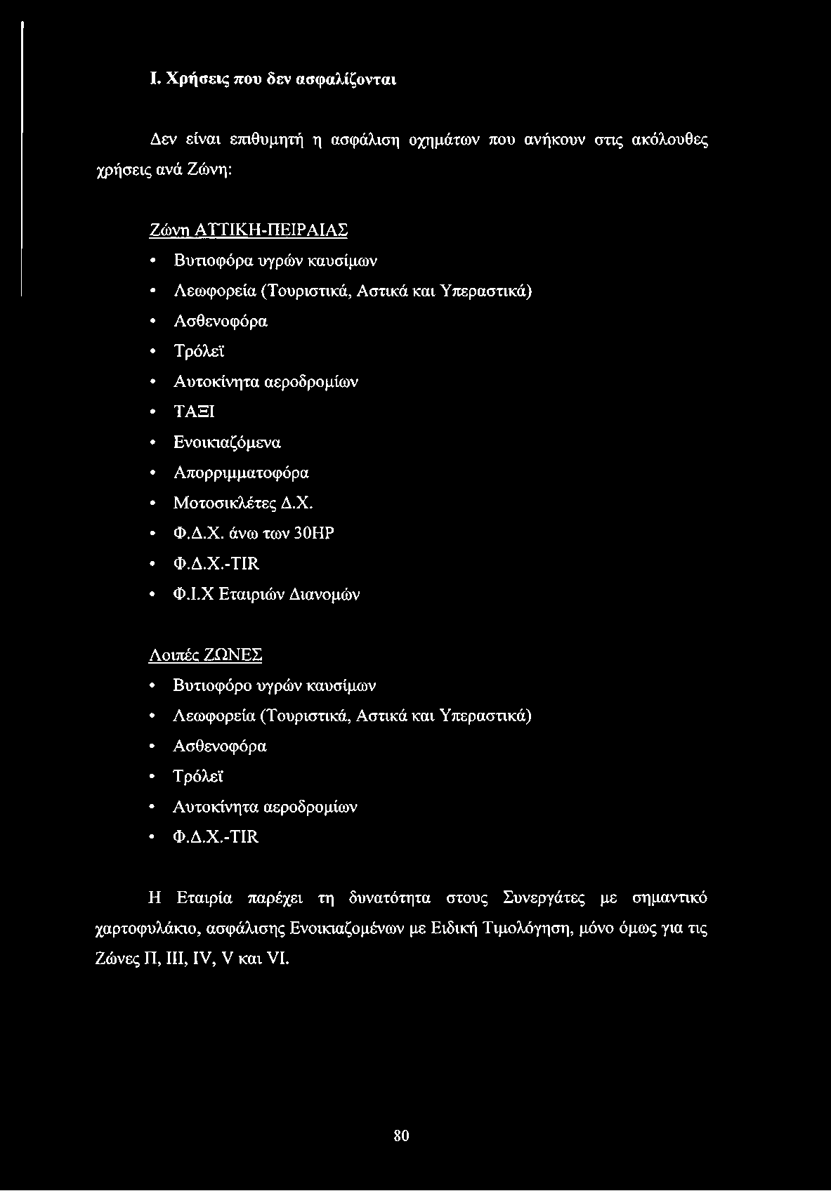 Ι.Χ Εταιριών Διανομών Λοιπές ΖΩΝΕΣ Βυτιοφόρο υγρών καυσίμων Λεωφορεία (Τουριστικά, Αστικά και Υπεραστικά) Ασθενοφόρα Τρόλεϊ Αυτοκίνητα αεροδρομίων Φ.Δ.Χ.-ΤΙΙΙ Η