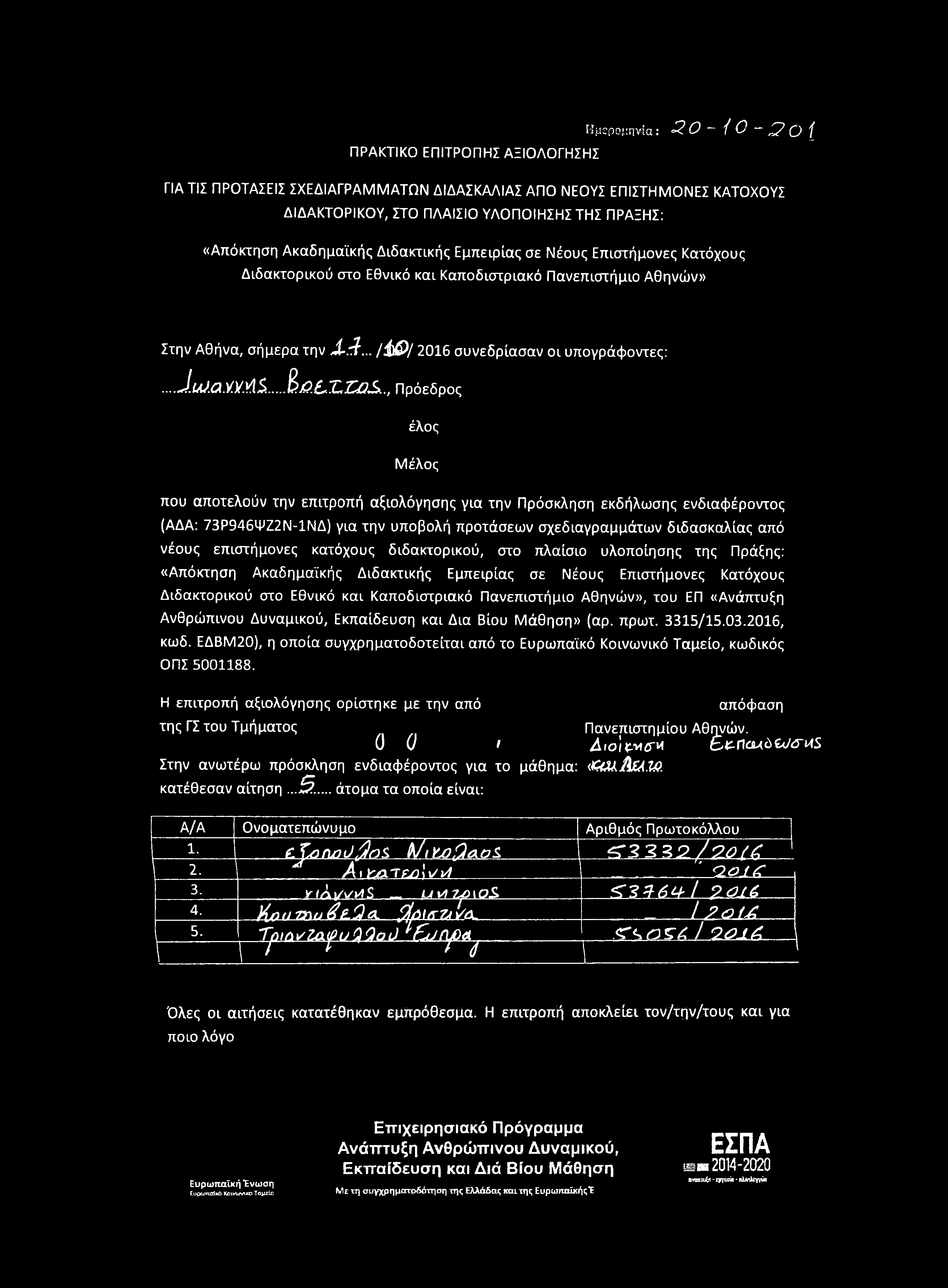 Καποδιστριακό Πανεπιστήμιο Αθηνών» Στην Αθήνα, σήμερα την i-.t?... / {& / 2016 συνεδρίασαν οι υπογράφοντες:...j.uj.q.vy.y.is ^ >. ^X,Z^OS.