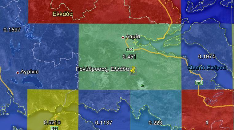 ΚΕΦΑΛΑΙΟ 5 2013 περιοχής μελέτης, έγινε χρήση του διαδικτυακού χάρτη που δημιούργησε ο S. Pfister στον οποίο οι τιμές του δείκτη εμφανίζονται ανά κυψελίδα και με διαφορετικό χρώμα.