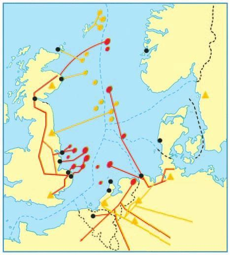 13.2 Χάρτης εκμετάλλευσης κοιτασμάτων φυσικού αερίου και πετρελαίου της Βόρειας θάλασσας Κοιτάσματα αερίου Κοιτάσματα πετρελαίου Αγωγοί αερίου Αγωγοί πετρελαίου ιυλιστήρια πετρελαίου
