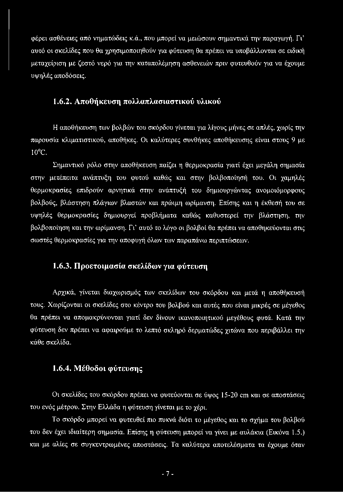 2. Αποθήκευση πολλαπλασιαστικού υλικού Η αποθήκευση των βολβών του σκόρδου γίνεται για λίγους μήνες σε απλές, χωρίς την παρουσία κλιματιστικού, αποθήκες.