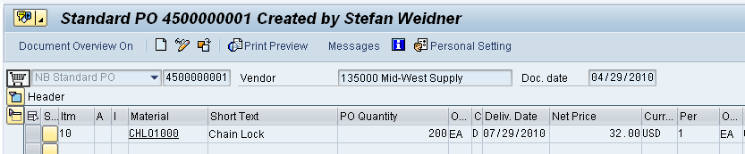 Βήμα 12 Εμφάνιση παραγγελίας αγορών (Display Purchase Order) Έργο: Εμφάνιση της παραγγελίας αγορών. Χρόνος 5 λεπτά Περιγραφή: Να εμφανίσετε ηλεκτρονικά τι έχετε αποστείλει στον προμηθευτή σας.