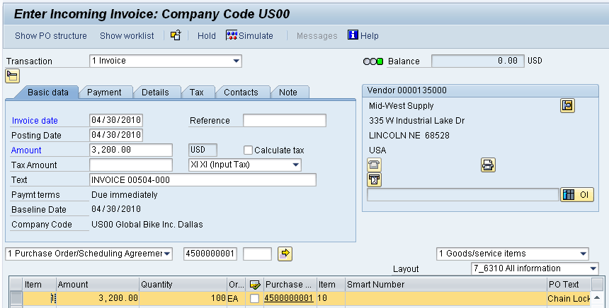 Μετά, πληκτρολογούμε INVOICE 00504-### ως κείμενο και κάνουμε κλικ σε. Εισάγουμε (ή βρίσκουμε) τον PO αριθμό (στη μέση της οθόνης δίπλα από το Purchase Order/Scheduling Agreement ) και πατάμε Enter.