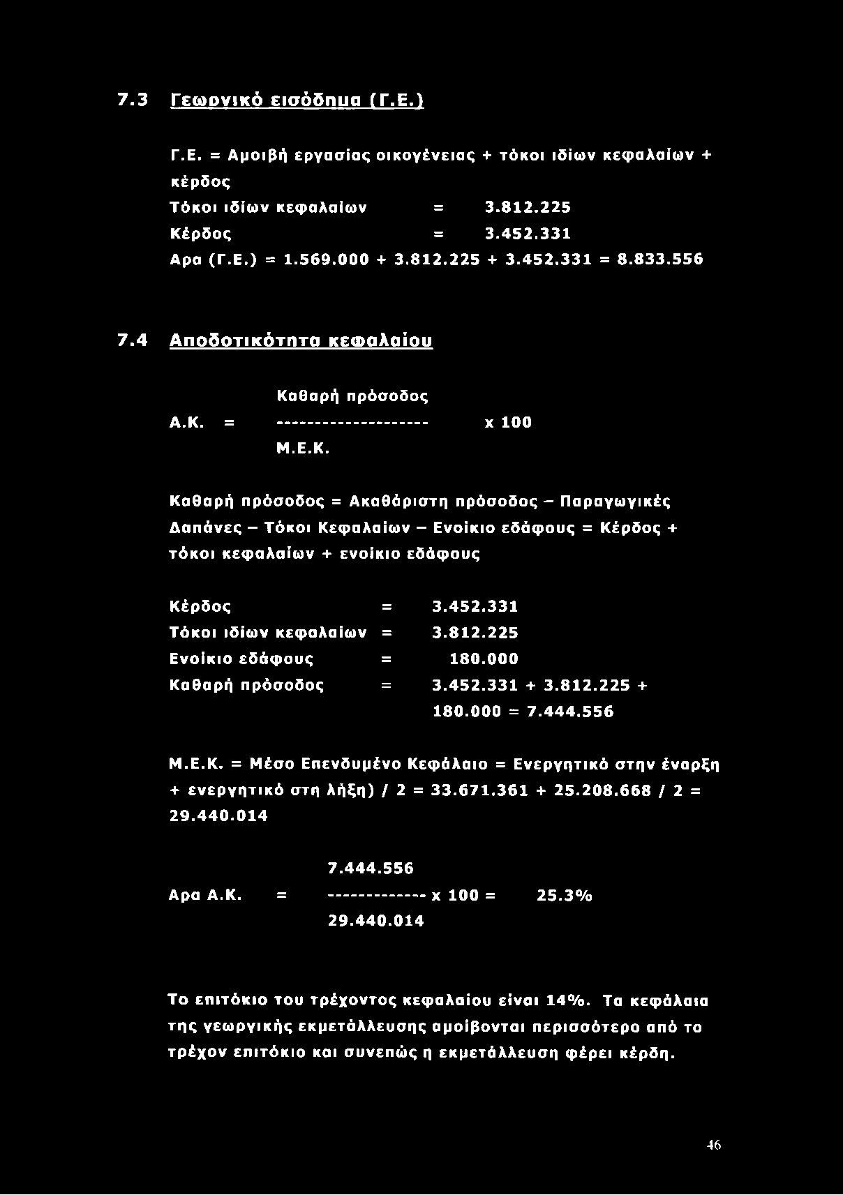 7.3 Γεω ονικό εισόδηιια [ T j y Γ.Ε. = Αμοιβή εργασίας οικογένειας + τόκοι ιδίων κεφαλαίων + κέρδος Τόκοι ιδίων κεφαλαίων = 3.812.225 Κέρδος = 3.452.331 Αρα (Γ.Ε.) = 1.569.000 + 3.812.225 + 3.452.331 = 8.