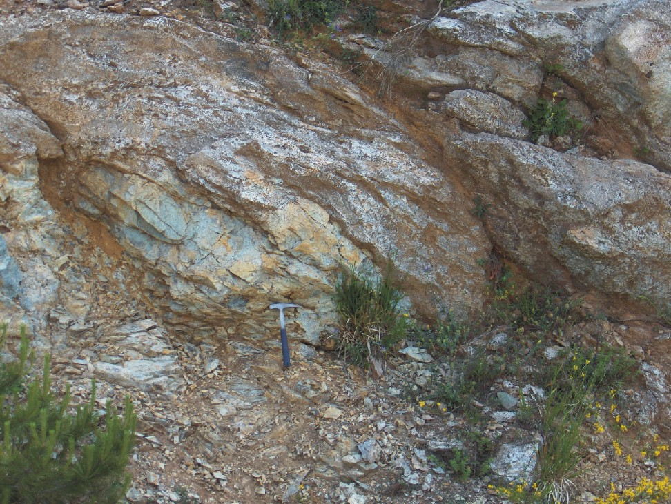 Σχ. 12. Σερπεντινιωμένοι οφιόλιθοι, από την περιοχή μεταξύ των υψωμάτων Αντίθωνας και Σταυρός. Ανακρυσταλλωμένοι ασβεστόλιθοι Μάρμαρα.