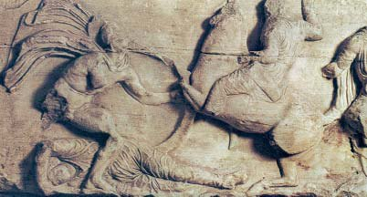 Σκηνή από τη μάχη των Πλαταιών. Έλληνας πολεμιστής συγκρούεται με Πέρση ιππέα. Παράσταση από τη ζωφόρο του ναού της Αθηνάς Νίκης (Λονδίνο, Βρετανικό Μουσείο).