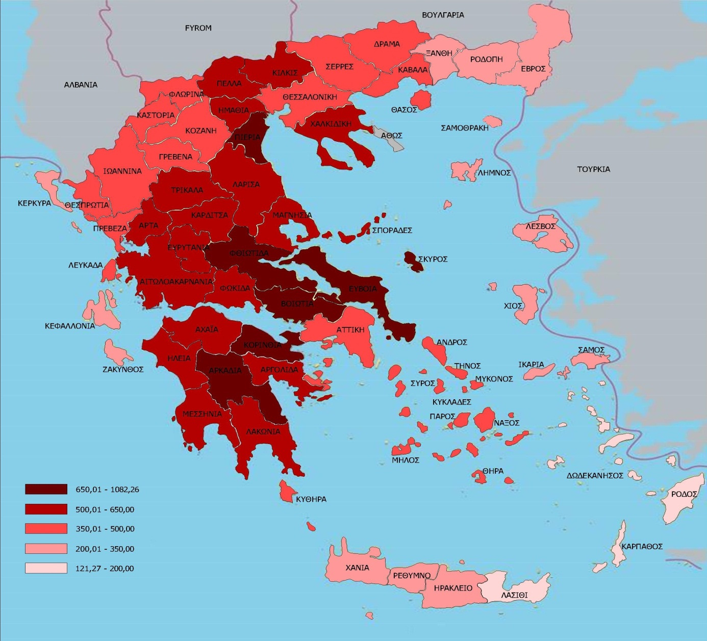 Έµµεσο ληθυσµιακό δυναµικό νοµών της Ελλάδας Οι Νοµοί που εµφανίζουν υψηλές τιµές στο έµµεσο πληθυσµιακό