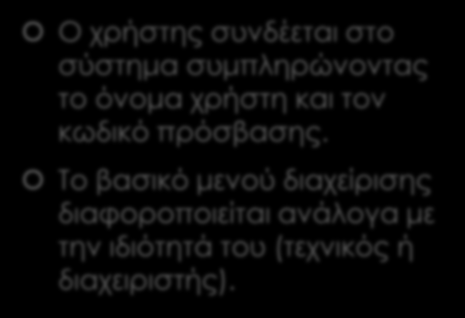 Λειτουργίες & Διεπαφή Χρήστη Είσοδος στο Σύστημα Ο χρήστης