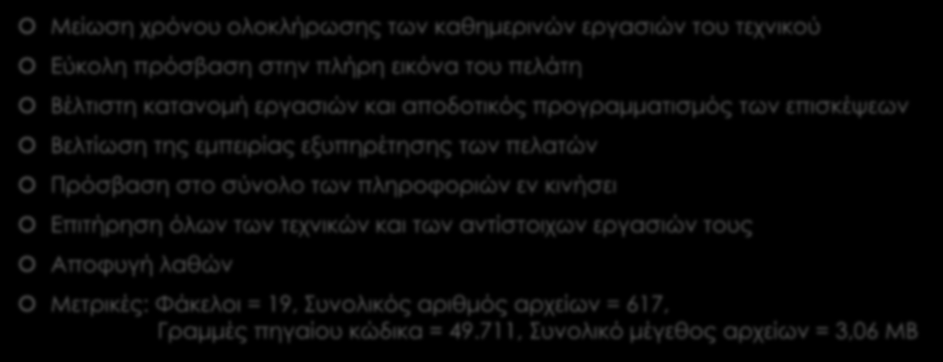 Αποτελέσματα & Συμπεράσματα Μείωση χρόνου ολοκλήρωσης των καθημερινών εργασιών του τεχνικού Εύκολη πρόσβαση στην πλήρη εικόνα του πελάτη Βέλτιστη κατανομή εργασιών και αποδοτικός προγραμματισμός των