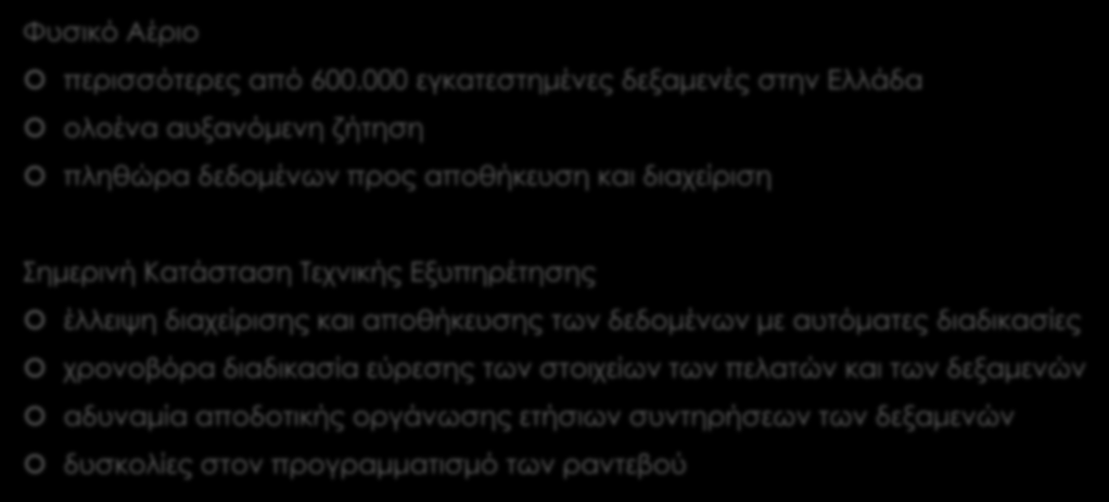 διαχείριση Σημερινή Κατάσταση Τεχνικής Εξυπηρέτησης έλλειψη διαχείρισης και αποθήκευσης των δεδομένων με