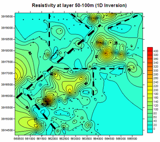 Thick dashed lines show the possible tectonic lines as interpreted from the resulted geophysical images. 4.