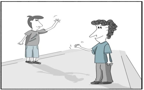 Διασπαστής (δεξιά εικόνα): Τι έκανε χθες το απόγευμα ο Πέτρος; Απάντηση (δεξιά εικόνα): Ο Πέτρος χαιρέτησε μια φίλη του.