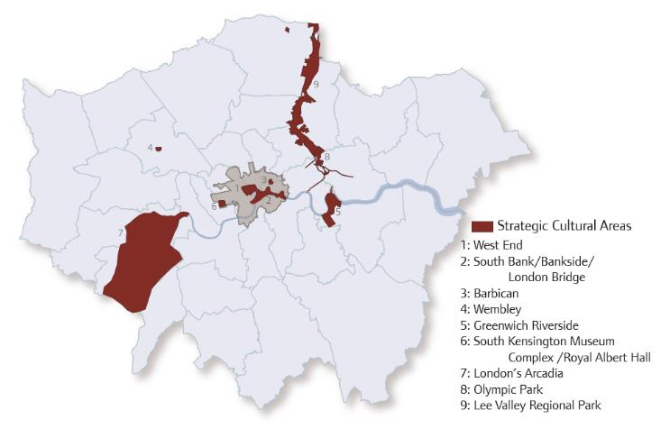 Εικόνα 3-20), αναδύονται περιοχές που μπορούν να υποστηρίξουν πολιτιστικές δραστηριότητες, οι οποίες βρίσκονται περιμετρικά του κέντρου του Λονδίνου.