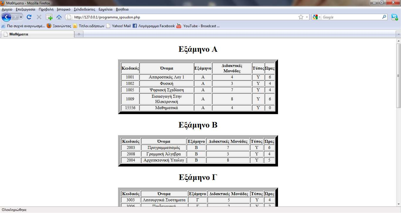 4.4.10 Σελίδα Προγράµµατος Σπουδών Το επόµενο κουµπί της εφαρµογής µας, µας εµφανίζει το πρόγραµµα σπουδών της εκάστοτε σχολής. Το πρόγραµµα σπουδών ανανεώνεται δυναµικά κάθε φορά.