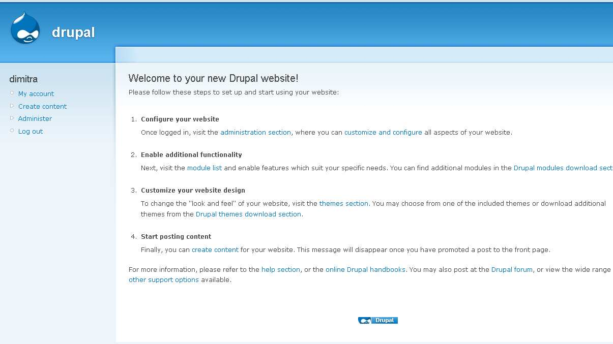 Εικόνα 4.4.5.8: Drupal (site) 4.4.6 Γενική ιευθέτηση Ιστοτόπου Η περιοχή διαχείρισης του Drupal είναι χωρισµένη σε 5 κύριες κατηγορίες και έναν τοµέα βοήθειας.