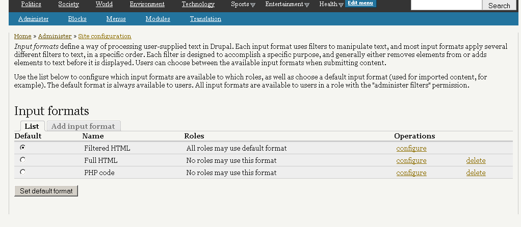 Εικόνα 4.4.6.7: Drupal (Input formats) Logging and alerts Επιλογή για το πόσα από τα διάφορα συµβάντα που λαµβάνουν χώρα θα διατηρούνται στο αρχείο.