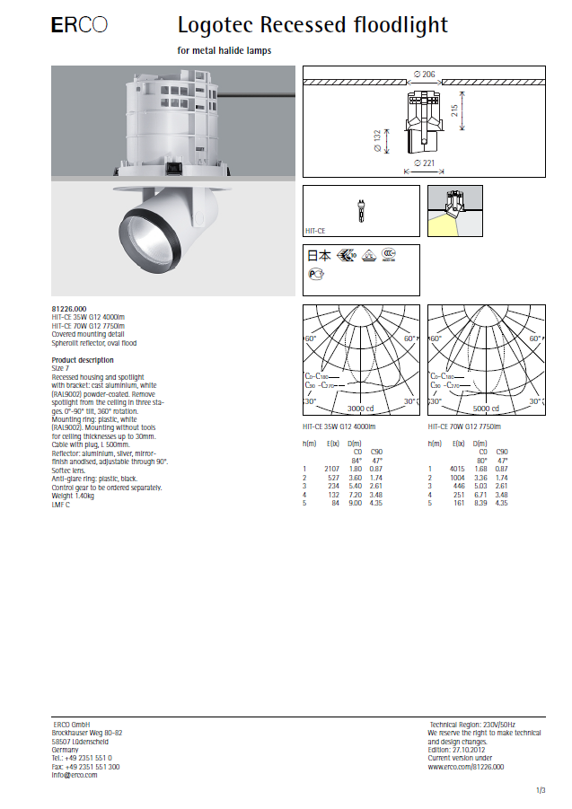 Ο λαµπτήρας / φωτιστικό οροφής που επιλέχθηκε είναι ο Logotec Recessed floodlight HIT-CE 35W G12