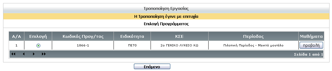 Μόλις ολοκληρωθεί η εισαγωγή και η ανάθεση, πατώντας την επιλογή «Καταχώριση», εμφανίζεται σχετικό ενημερωτικό μήνυμα επιτυχούς καταχώρισης.