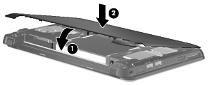 3. Περιστρέψτε το µπροστινό άκρο (1) του καλύµµατος κάτω πλευράς προς τα κάτω και, στη συνέχεια, πιέστε το κάλυµµα προς τη βάση του υπολογιστή έως ότου ασφαλίσει στη θέση του (2). 4.