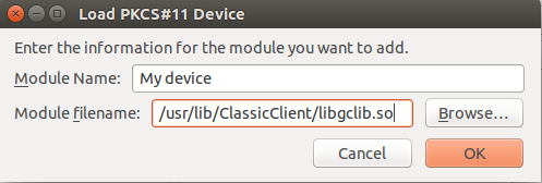Στη συνέχεια καλείστε αρχικά να συμπληρώσετε ένα αναγνωριστικό όνομα για τη συσκευή και στη συνέχεια να επιλέξετε το αρχείο libgclib.so από τον φάκελο εγκατάστασης του Classic Client.