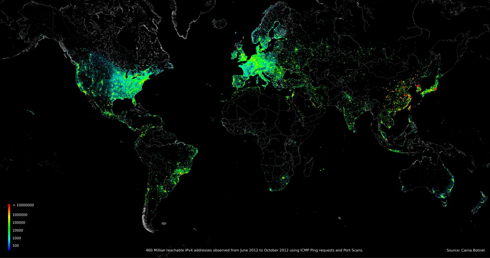 απογραφή διαδικτύου 2012 παγκόσμιος χάρτης με 460 εκατομμύρια IP διευθύνσεις που απάντησαν σε ICMP