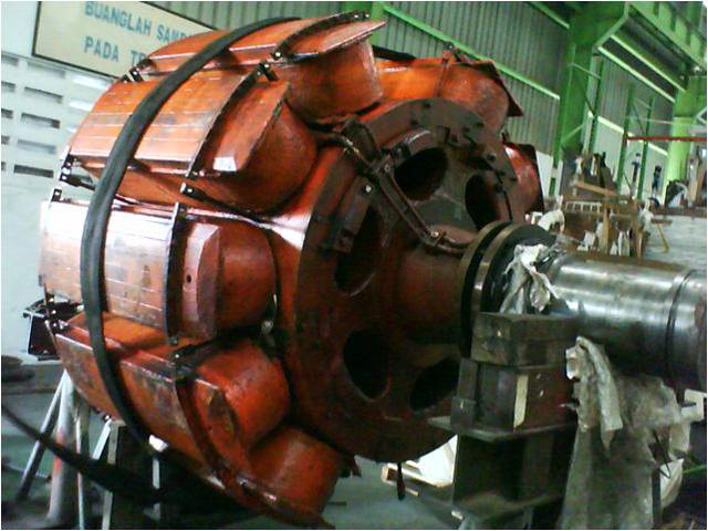 4: Hydroalternátor s vyjadrenými pólmi Podstatou nepriameho budenia je prenos energie budiaceho prúdu zo statora na rotor prostredníctvom magnetického poľa.