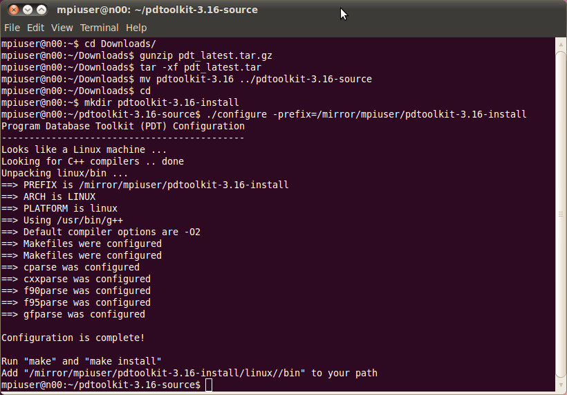 ./configure -prefix=/mirror/mpiuser/pdtoolkit-3.