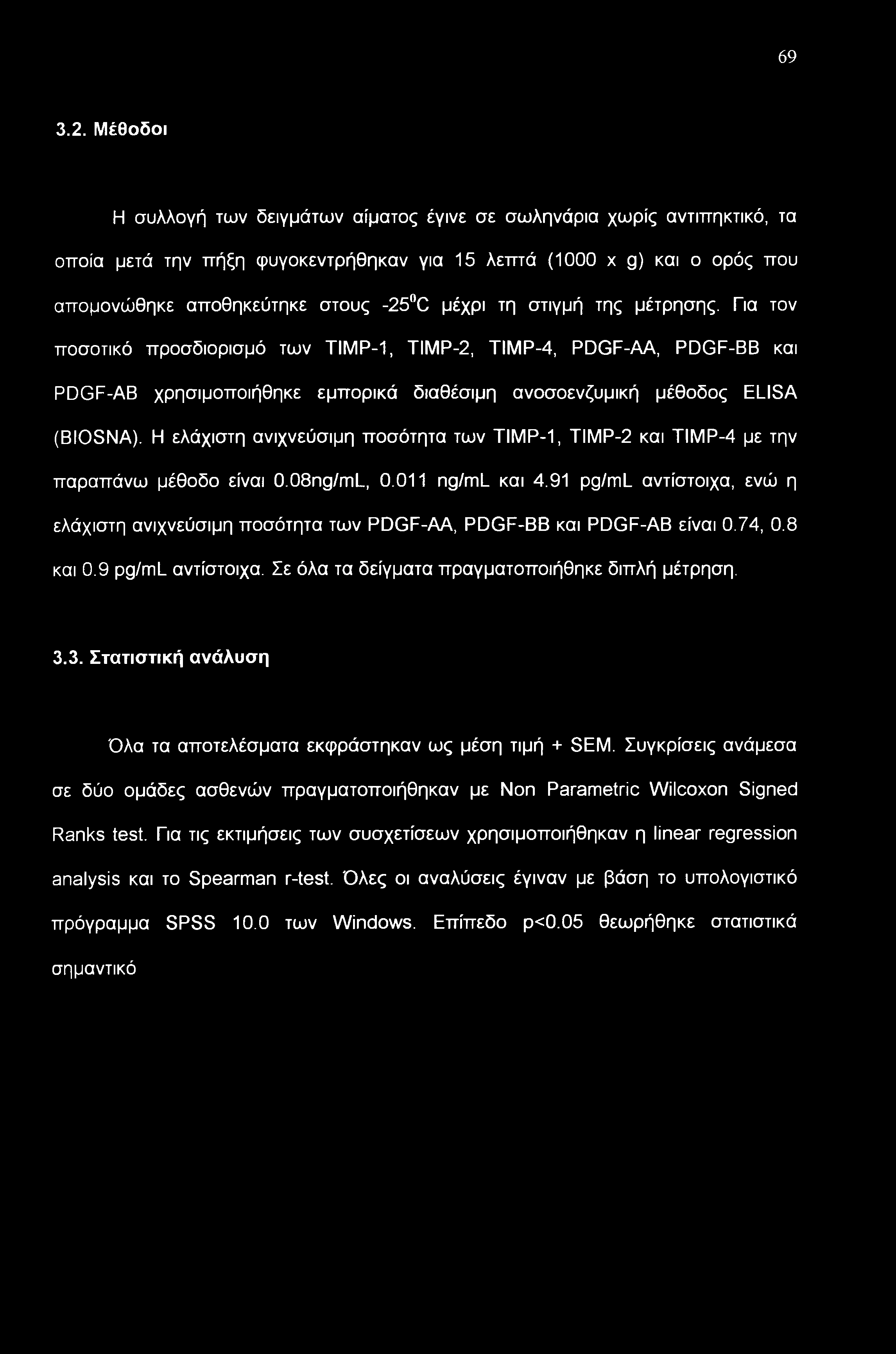 τη στιγμή της μέτρησης. Για τον ποσοτικό προσδιορισμό των ΊΓΙΜΡ-1, ΤΙΜΡ-2, ΤΙΜΡ-4, PDGF-AA, PDGF-BB και PDGF-AB χρησιμοποιήθηκε εμπορικά διαθέσιμη ανοσοενζυμική μέθοδος ELISA (BIOSNA).