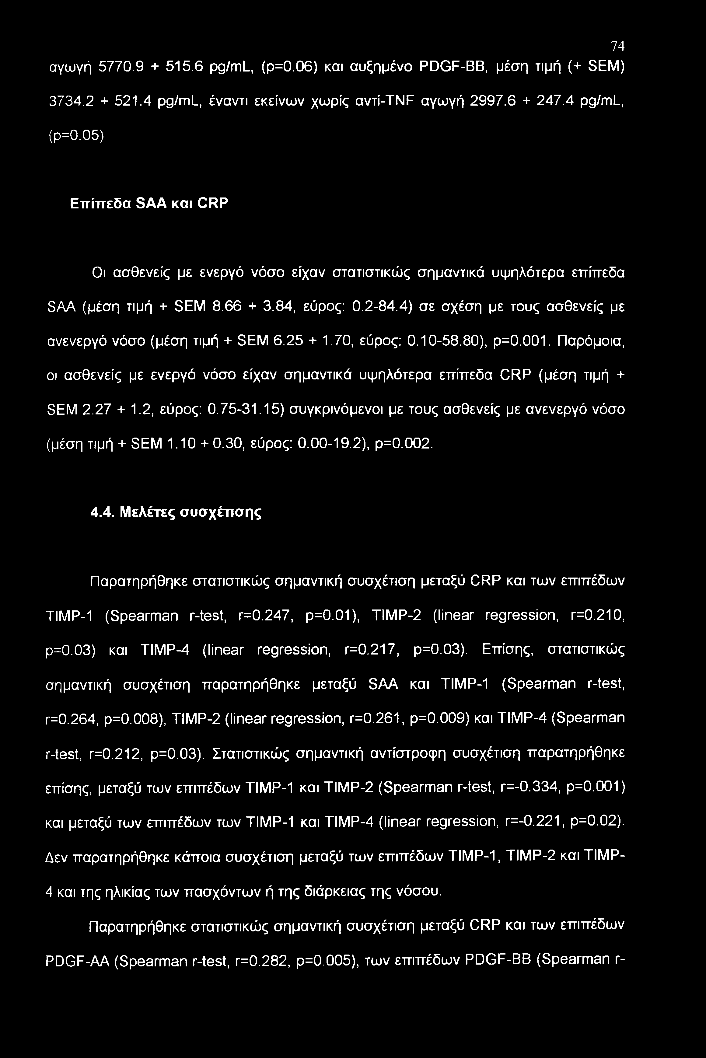 4) σε σχέση με τους ασθενείς με ανενεργό νόσο (μέση τιμή + SEM 6.25 + 1.70, εύρος: 0.10-58.80), ρ=0.001. Παρόμοια, οι ασθενείς με ενεργό νόσο είχαν σημαντικά υψηλότερα επίπεδα CRP (μέση τιμή + SEM 2.