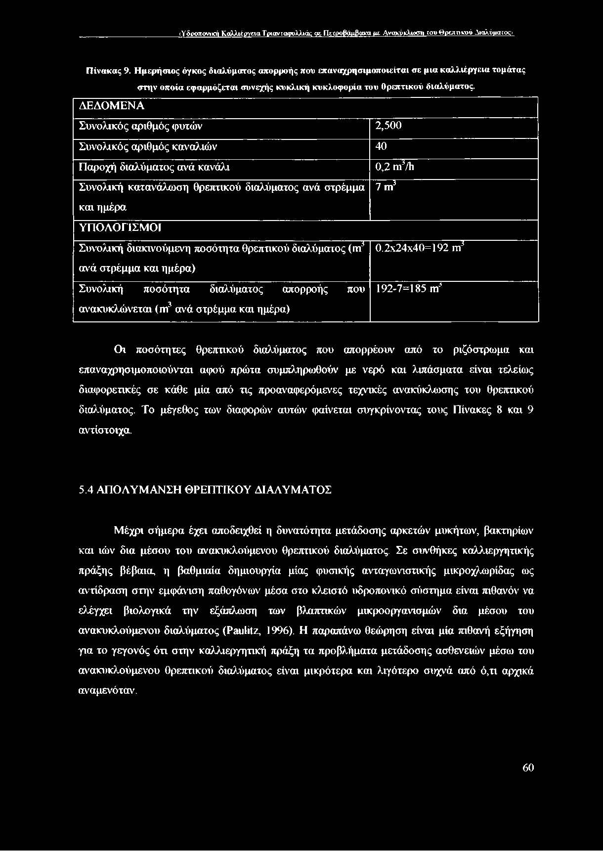 ΔΕΔΟΜΕΝΑ Συνολικός αριθμός φυτών 2,500 Συνολικός αριθμός καναλιών 40 Παροχή διαλύματος ανά κανάλι 0,2 τη3/1ι Συνολική κατανάλωση θρεπτικού διαλύματος ανά στρέμμα 7 τη3 και ημέρα ΥΠΟΛΟΓΙΣΜΟΙ Συνολική