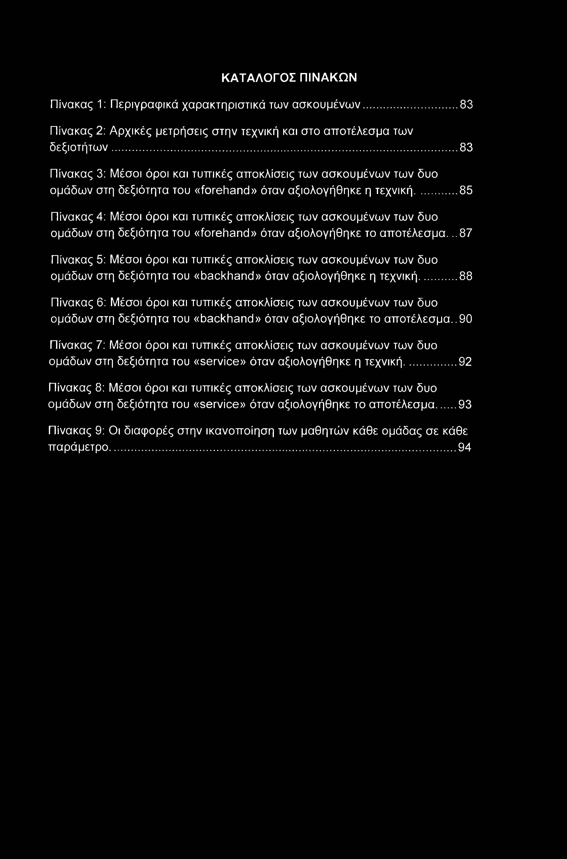 .. 85 Πίνακας 4: Μέσοι όροι και τυπικές αποκλίσεις των ασκουμένων των δυο ομάδων στη δεξιότητα του «forehand» όταν αξιολογήθηκε το αποτέλεσμα.