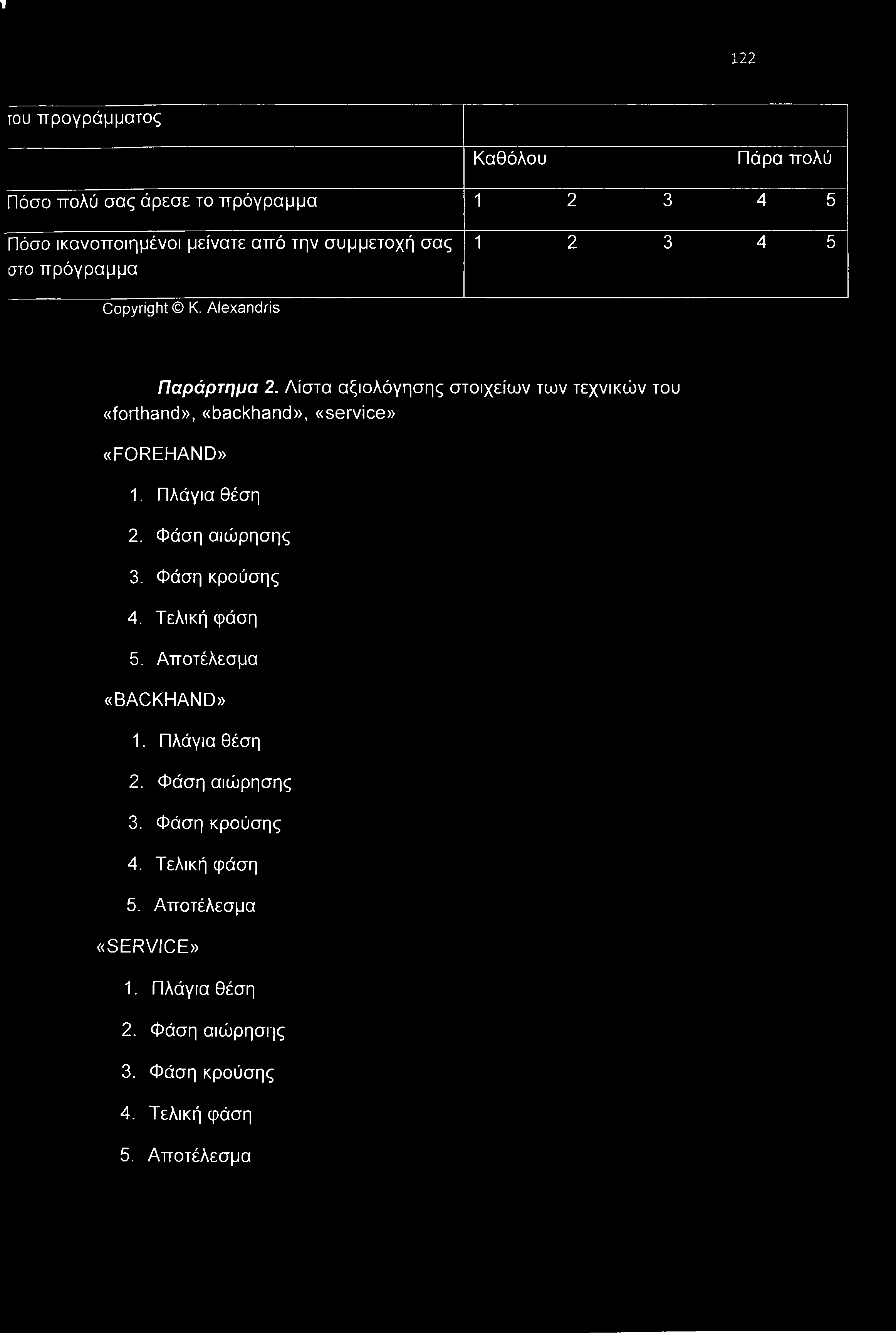 Λίστα αξιολόγησης στοιχείων των τεχνικών του «forthand», «backhand», «service» «FOREHAND» 1. Πλάγια θέση 2. Φάση αιώρησης 3.