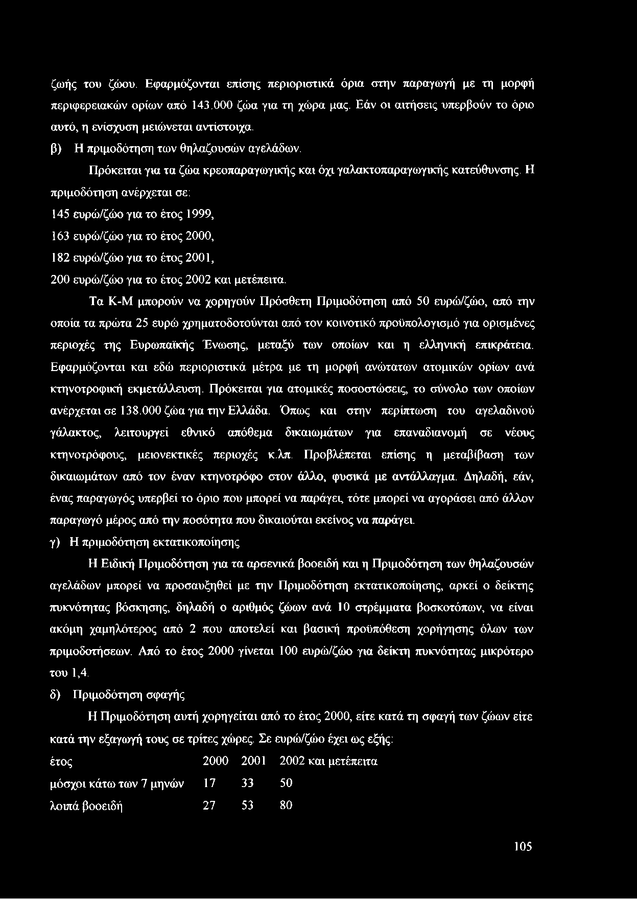 Η πριμοδότηση ανέρχεται σε: 145 ευρώ/ζώο για το έτος 1999, 163 ευρώ/ζώο για το έτος 2000, 182 ευρώ/ζώο για το έτος 2001, 200 ευρώ/ζώο για το έτος 2002 και μετέπειτα.