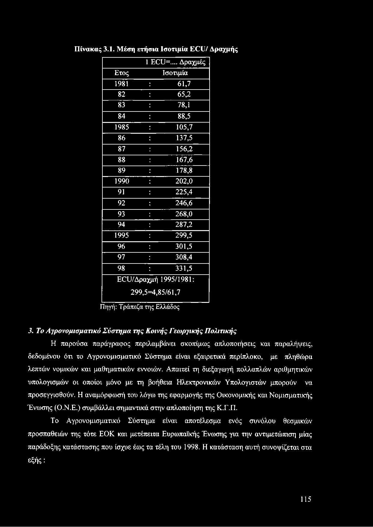 ECU/Δραχμή 1995/1981: 299,5=4,85/61,7 Πηγή: Τράπεζα της Ελλάδος 3.