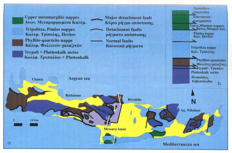 Σχήµα 4: Γεωλογικές τοµές στην περιοχή της κεντρικής Κρήτης (Φασουλάς, 2000). Τα νούµερα υποδηλώνουν: 1. Νεογενή ιζήµατα, 2. Οφιόλιθους, 3. καλ. Αστερουσιών, 4. καλ. Τεκτονικού melange, 5.,6. καλ. Πίνδου (φλύσχης και ανθρακικά), 7.