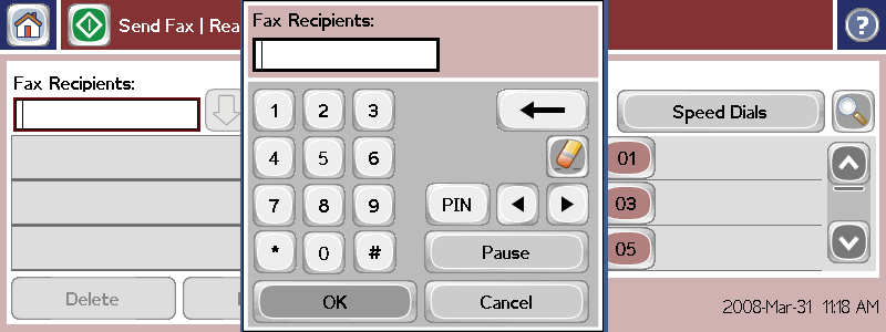 1 Όταν πατήσετε το πλήκτρο Recipient Number Entry Box (Πλαίσιο καταχώρησης αριθμού παραλήπτη), εμφανίζεται ένα αναδυόμενο παράθυρο, το οποίο περιλαμβάνει το κουμπί PIN για την προσθήκη αγκυλών