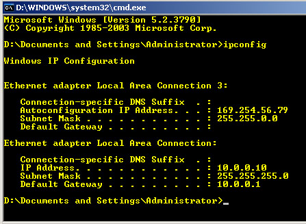 Εικόνα 4. Εντολή ipconfig Στην εικόνα 3 έχει εκτελεστεί η εντολή Ping στον υπολογιστή µε διεύθυνση IP 10.0.0.111, ο οποίος και απαντάει.