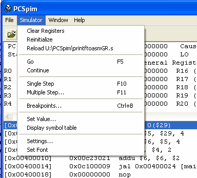 Εντολές PCSPIM Open: Επιλογή του πηγαίου κώδικα ενός προγράμματος Go (F5): Εκτέλεση