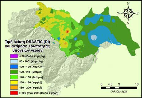 Εικόνα 3.7.3. Χωρική κατανομή του Δείκτη DRASTIC (δείκτης τρωτότητας) στην περιοχή του πεδινού τμήματος του Νομού Ημαθίας. Από την κατανομή του δείκτη DRASTIC που υπολογίστηκε (Παπαθεοδώρου et al.