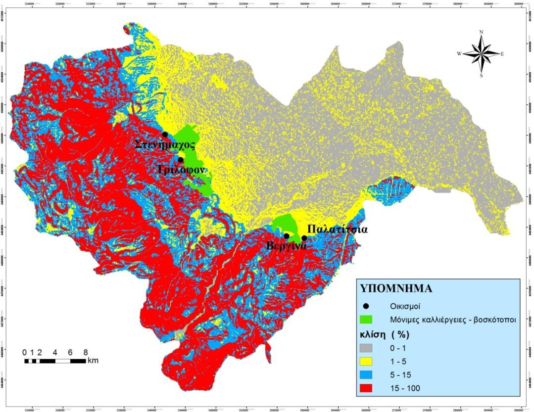 Εικόνα 4.2.4. Κατηγορίες κλίσεων εδάφους και επιλεγμένοι εξυπηρετούμενοι οικισμοί. Εδαφολογία Με βάση την Εικόνα 3.4.2 (Παπαθεοδώρου et al.