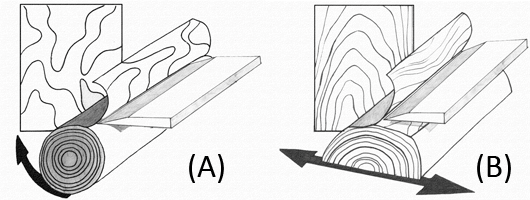 Εικ. 2. Μέθοδοι παραγωγής ξυλόφυλλων για αντικολλητή ξυλεία με περιστροφή (Α) και αποκοπή (Β), (www.