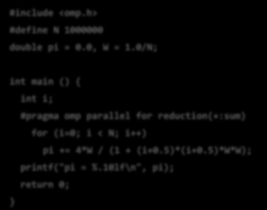 Με OpenMP #include <omp.h> #define N 1000000 double pi = 0.0, W = 1.0/N; #define N 1000000 double pi = 0.0, W = 1.0/N; int main() { int i; for (i = 0; i < N; i++) pi += 4*W / (1 + (i+0.5)*(i+0.