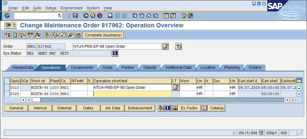 Τώρα, επιλέξτε, Logistics Plant Maintenance Maintenance Processing Order Change (Transaction Code IW32) στο πεδίο Order συμπληρώστε τον κωδικό της νέας Εντολής που δημιουργήσατε και πατήστε ENTER.