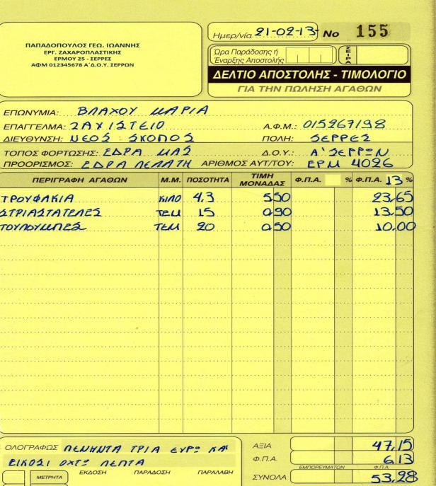 7.5 Υπόδειγμα καταχώρησης Τ-ΔΑ για Πώληση Αγαθών Καταχωρούνται στην καρτέλα τα στοιχεία του τιμολογίου και στα στοιχεία του συναλλασσόμενου πληκτρολογείται το ΑΦΜ πελάτη.