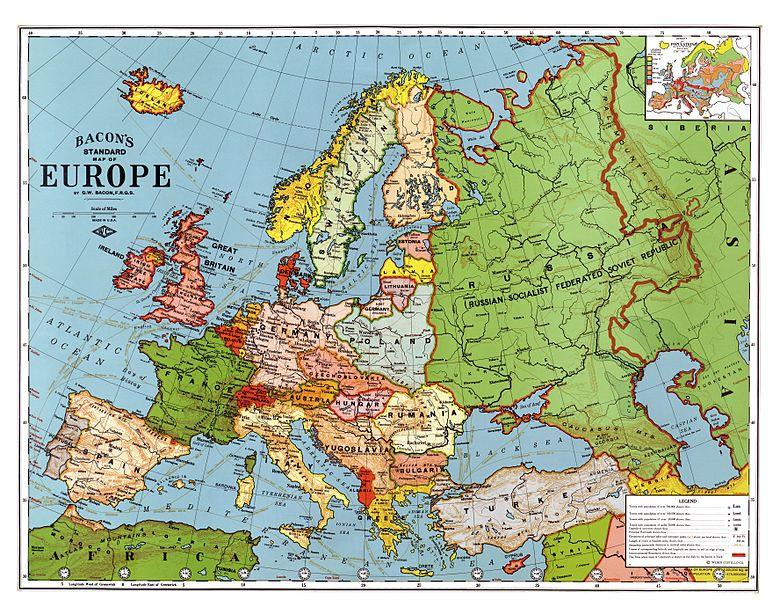 Χάρτης της Ευρώπης, 1923 Πηγή: "Bacon's standard map of Europe, 1923. Relief shown by hachures and spot heights. Shows steamship routes and time zones." Published by Weber Costello Co.