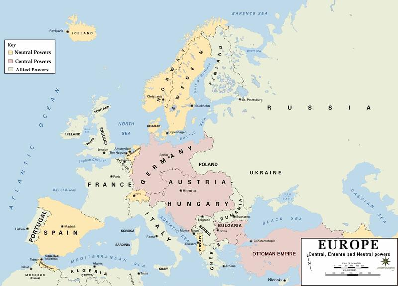 Συνασπισμοί δυνάμεων, 1914 Πηγή: European alliances during the 1914-18 war.