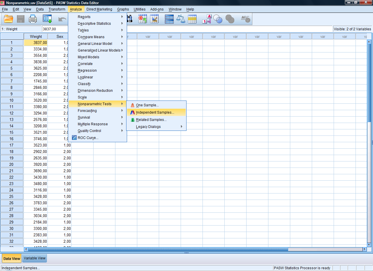 Έπειτα από το κύριο μενού επιλέγουμε i. Analyze Non Parametric Tests Independent Samples.